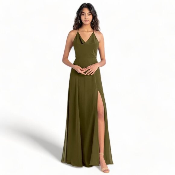 JENNY YOO Lissa Olive Cowl Neck Chiffon Halter Dress Size 14 NEW Retail $285 - Picture 1 of 2